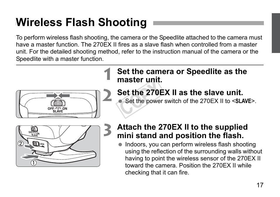 Cop y, Wireless flash shooting | Canon Speedlite 270EX II User Manual | Page 19 / 88