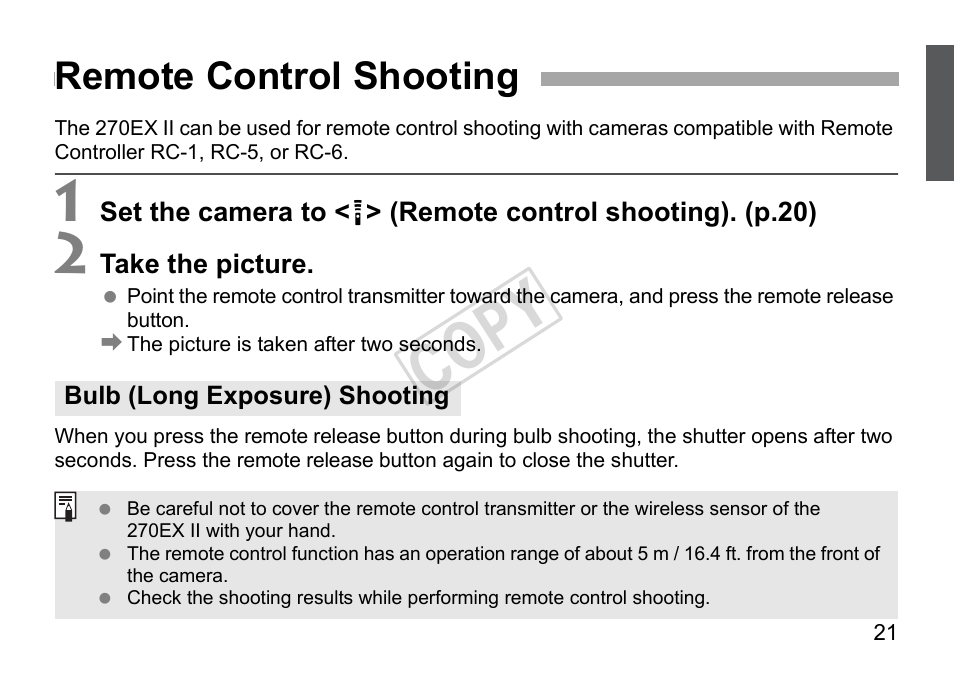 Cop y, Remote control shooting | Canon Speedlite 270EX II User Manual | Page 23 / 88