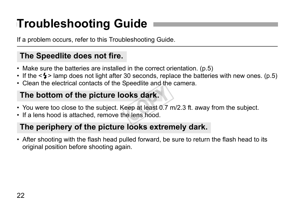 Cop y, Troubleshooting guide | Canon Speedlite 270EX II User Manual | Page 24 / 88