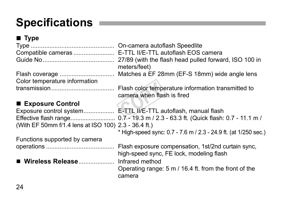 Cop y, Specifications | Canon Speedlite 270EX II User Manual | Page 26 / 88