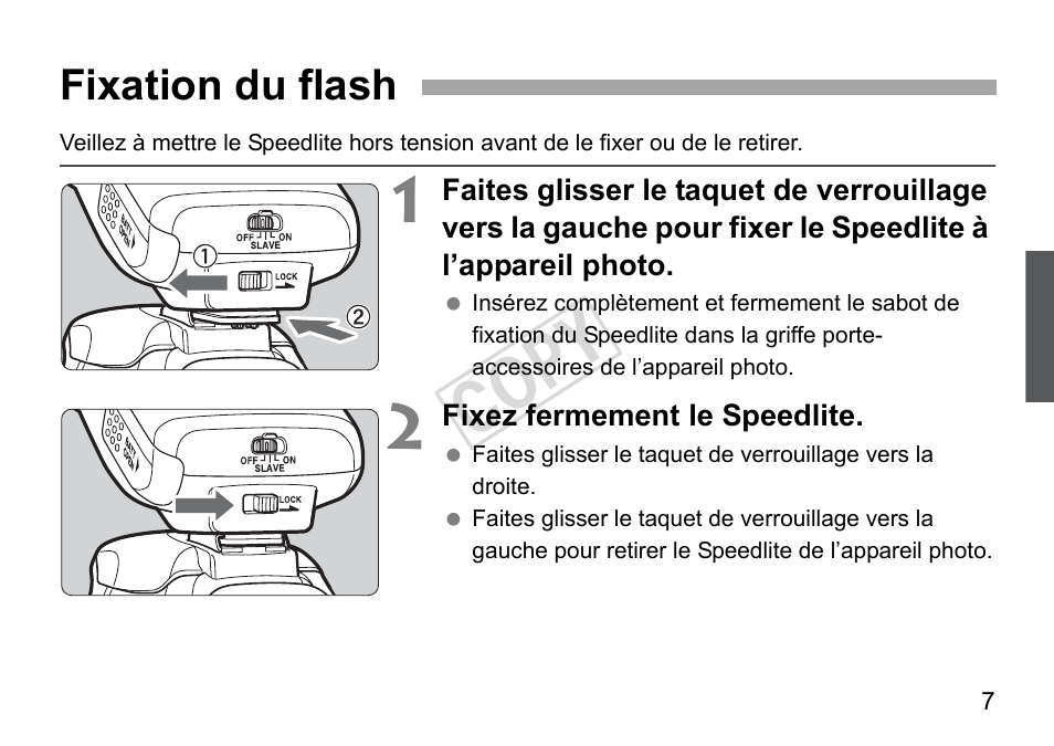 Cop y, Fixation du flash | Canon Speedlite 270EX II User Manual | Page 37 / 88