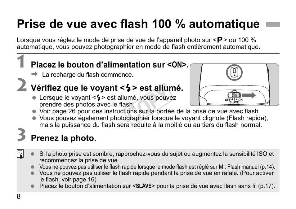 Cop y, Prise de vue avec flash 100 % automatique | Canon Speedlite 270EX II User Manual | Page 38 / 88