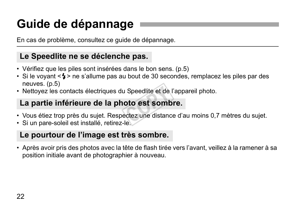 Cop y, Guide de dépannage | Canon Speedlite 270EX II User Manual | Page 52 / 88