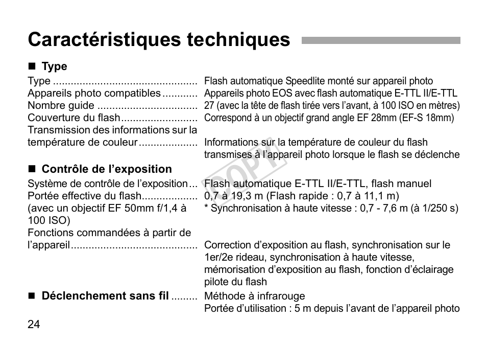 Cop y, Caractéristiques techniques | Canon Speedlite 270EX II User Manual | Page 54 / 88