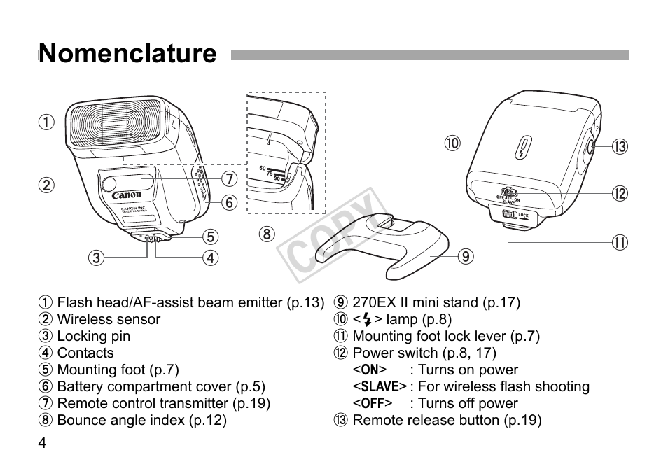 Cop y, Nomenclature | Canon Speedlite 270EX II User Manual | Page 6 / 88