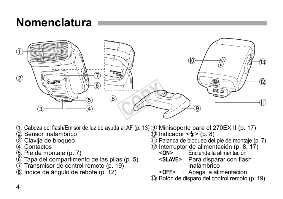 Cop y, Nomenclatura | Canon Speedlite 270EX II User Manual | Page 62 / 88