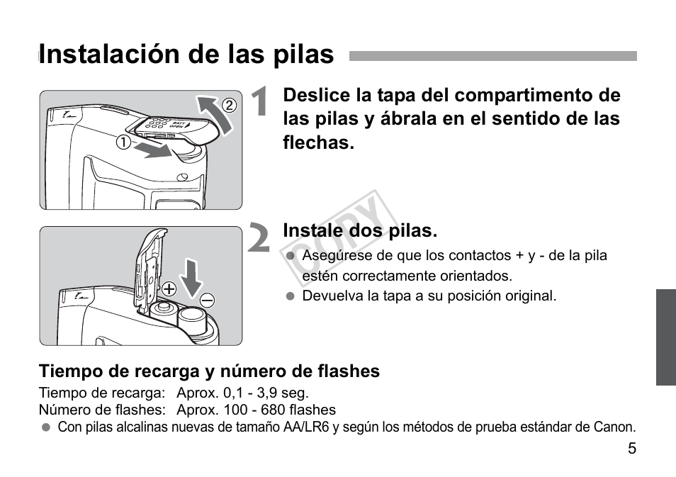 Cop y, Instalación de las pilas | Canon Speedlite 270EX II User Manual | Page 63 / 88