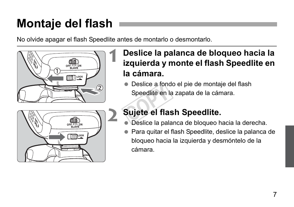 Cop y, Montaje del flash | Canon Speedlite 270EX II User Manual | Page 65 / 88