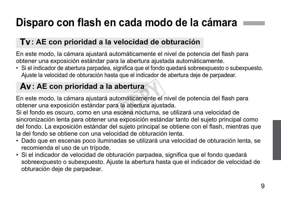 Cop y, Disparo con flash en cada modo de la cámara | Canon Speedlite 270EX II User Manual | Page 67 / 88