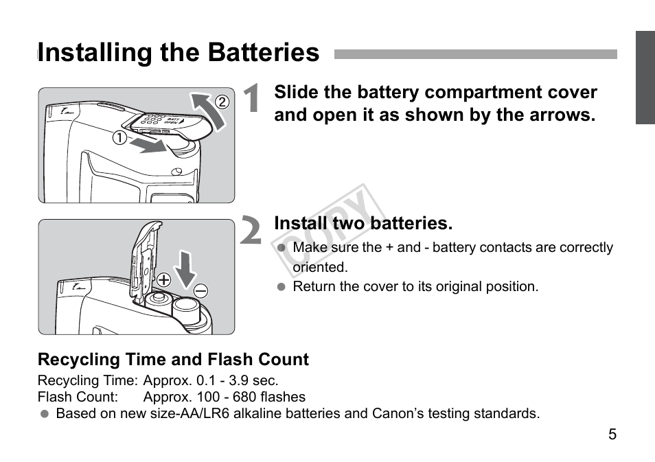 Cop y, Installing the batteries | Canon Speedlite 270EX II User Manual | Page 7 / 88