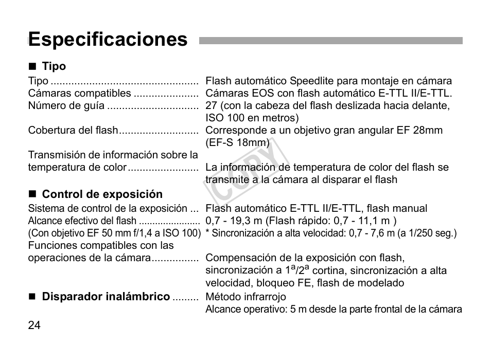 Cop y, Especificaciones | Canon Speedlite 270EX II User Manual | Page 82 / 88