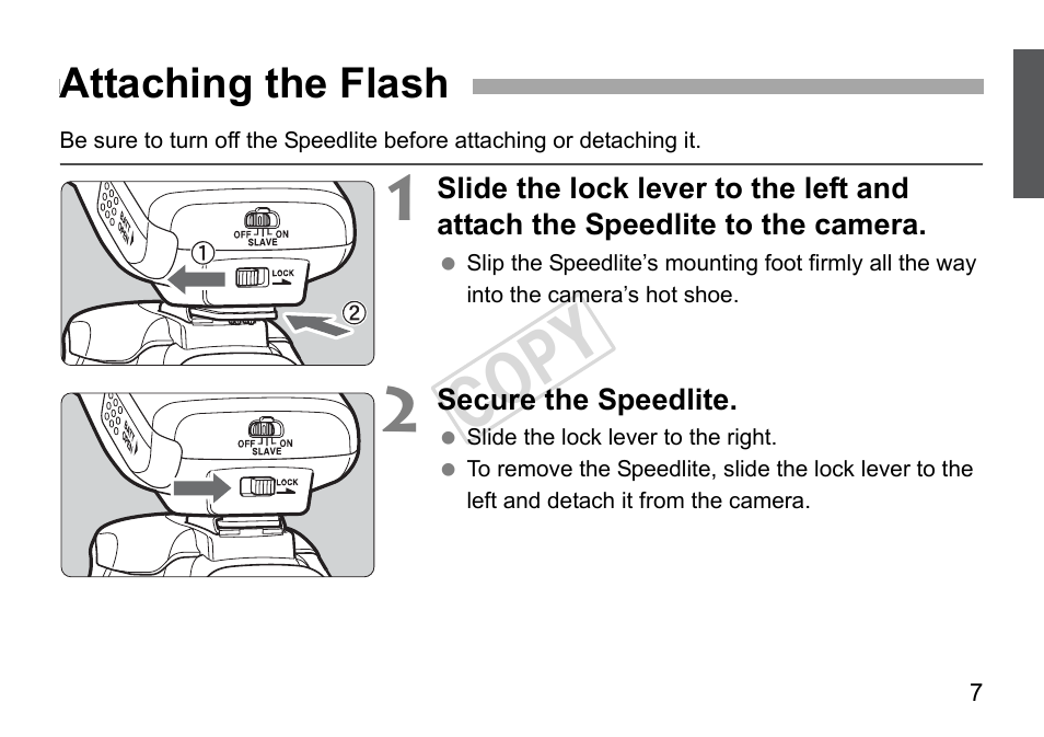 Cop y, Attaching the flash | Canon Speedlite 270EX II User Manual | Page 9 / 88