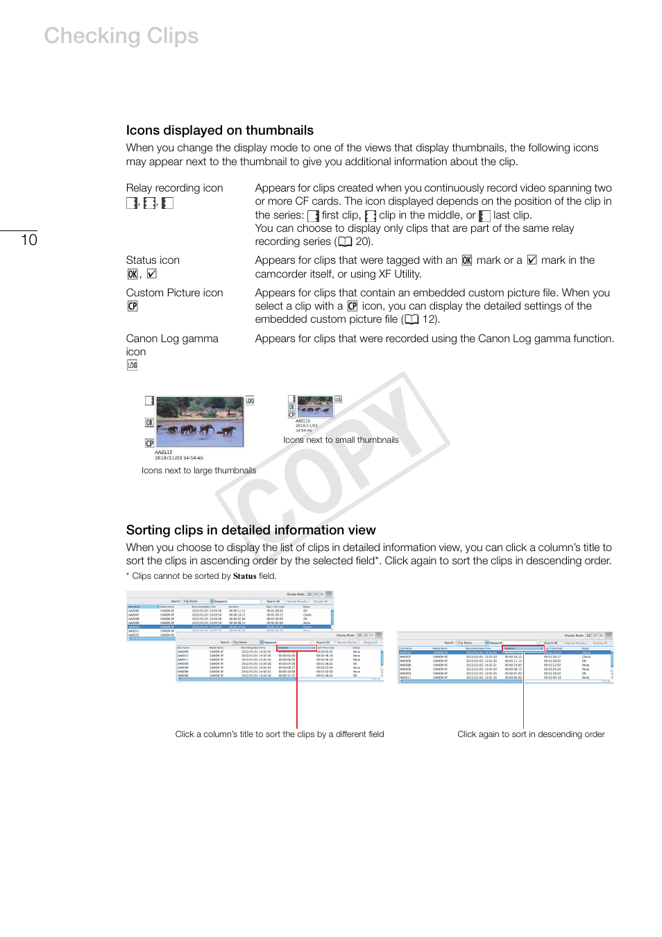 Icons displayed on thumbnails, Sorting clips in detailed information view, Cop y | Checking clips | Canon EOS C500 PL User Manual | Page 10 / 37