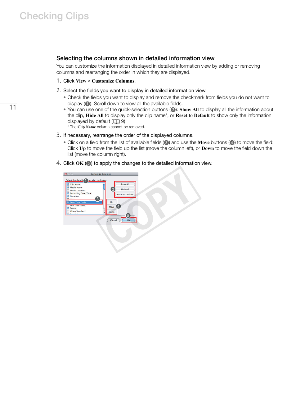 Cop y, Checking clips | Canon EOS C500 PL User Manual | Page 11 / 37