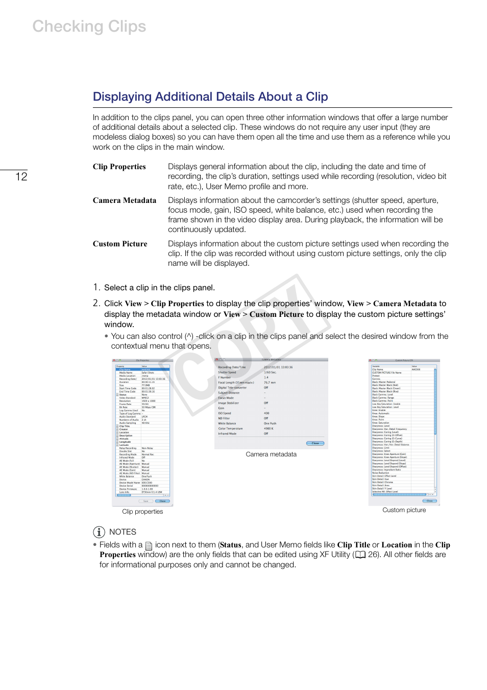 Displaying additional details about a clip, Cop y, Checking clips | Canon EOS C500 PL User Manual | Page 12 / 37