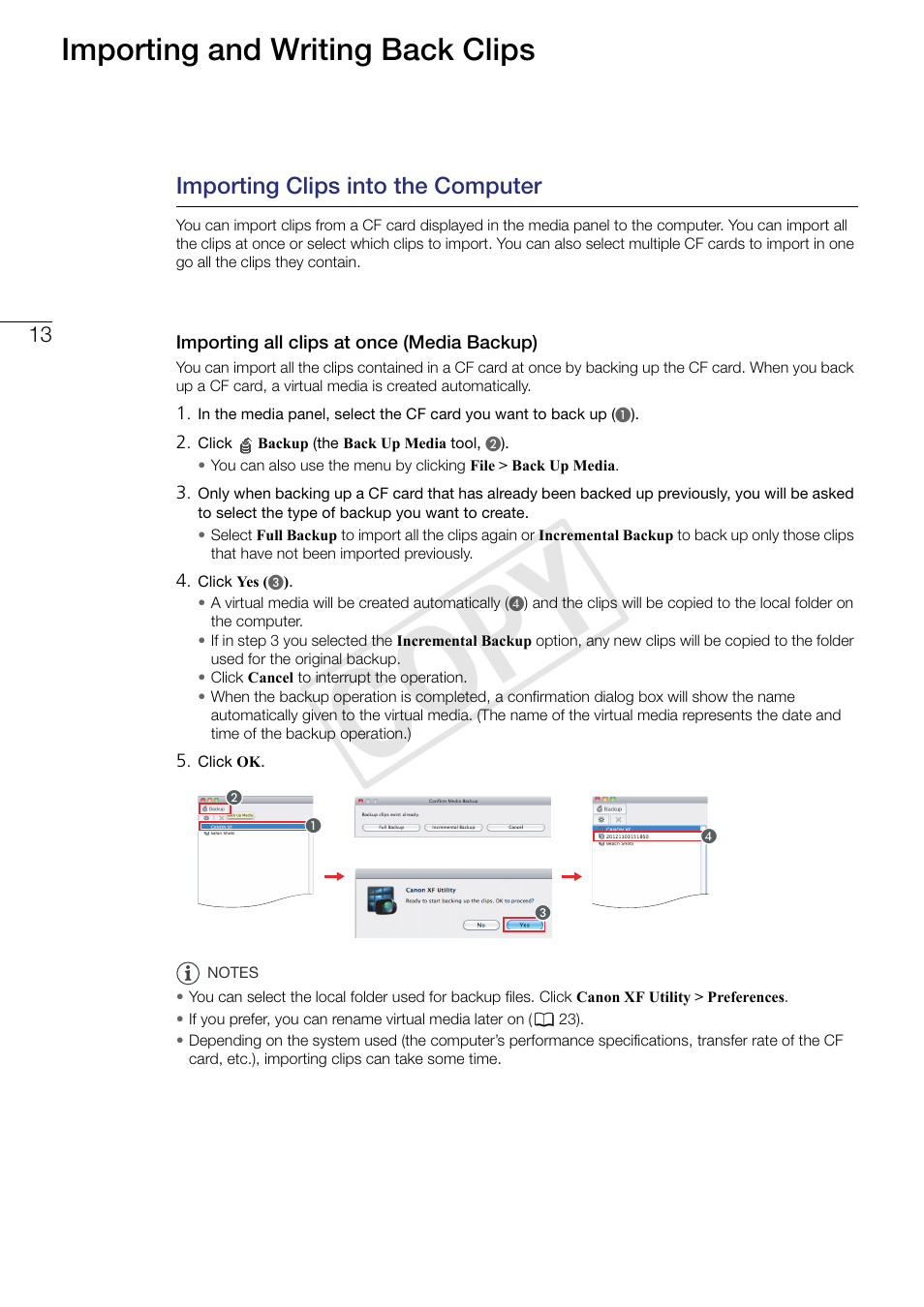 13 importing and writing back, Clips, Importing clips into the computer | Importing all clips at once (media backup), Cop y, Importing and writing back clips | Canon EOS C500 PL User Manual | Page 13 / 37