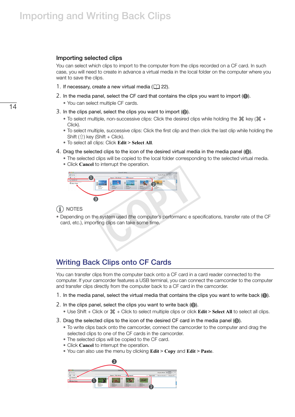 Importing selected clips, Writing back clips onto cf cards, Cop y | Importing and writing back clips | Canon EOS C500 PL User Manual | Page 14 / 37