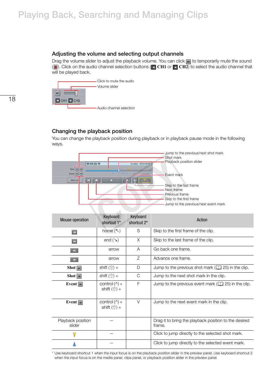 Adjusting the volume and selecting output channels, Changing the playback position, Cop y | Playing back, searching and managing clips | Canon EOS C500 PL User Manual | Page 18 / 37