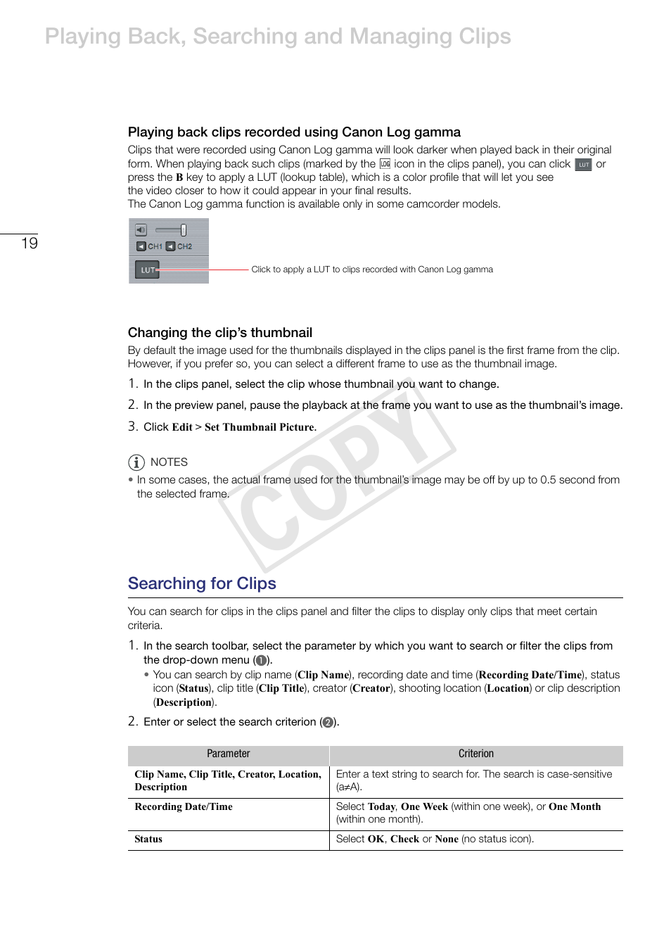 Playing back clips recorded using canon log gamma, Changing the clip’s thumbnail, Searching for clips | Cop y, Playing back, searching and managing clips | Canon EOS C500 PL User Manual | Page 19 / 37