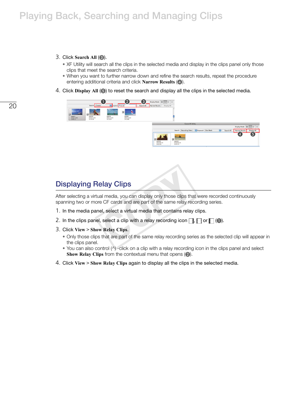 Displaying relay clips, Cop y, Playing back, searching and managing clips | Canon EOS C500 PL User Manual | Page 20 / 37