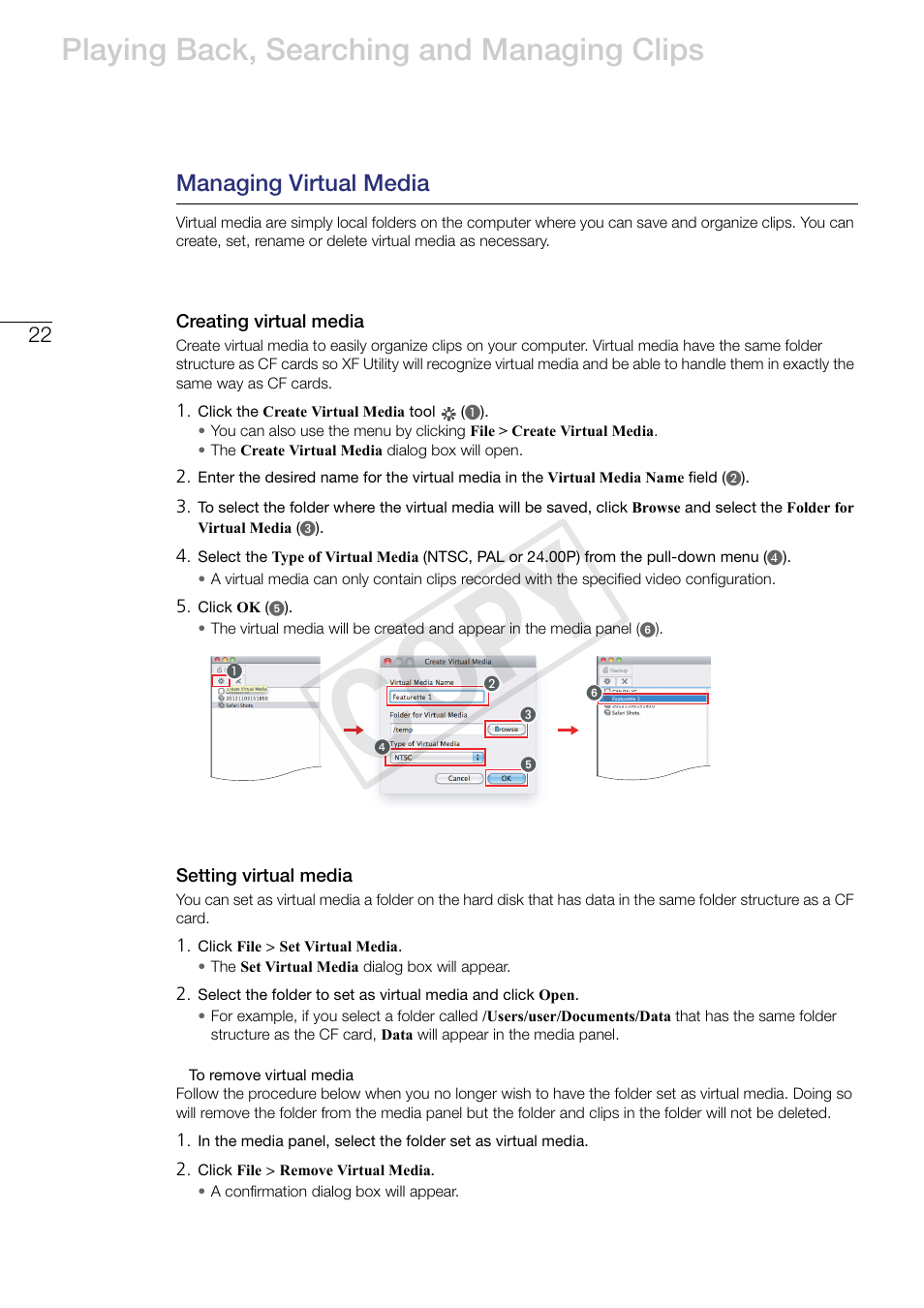 Managing virtual media, Creating virtual media, Setting virtual media | Cop y, Playing back, searching and managing clips | Canon EOS C500 PL User Manual | Page 22 / 37