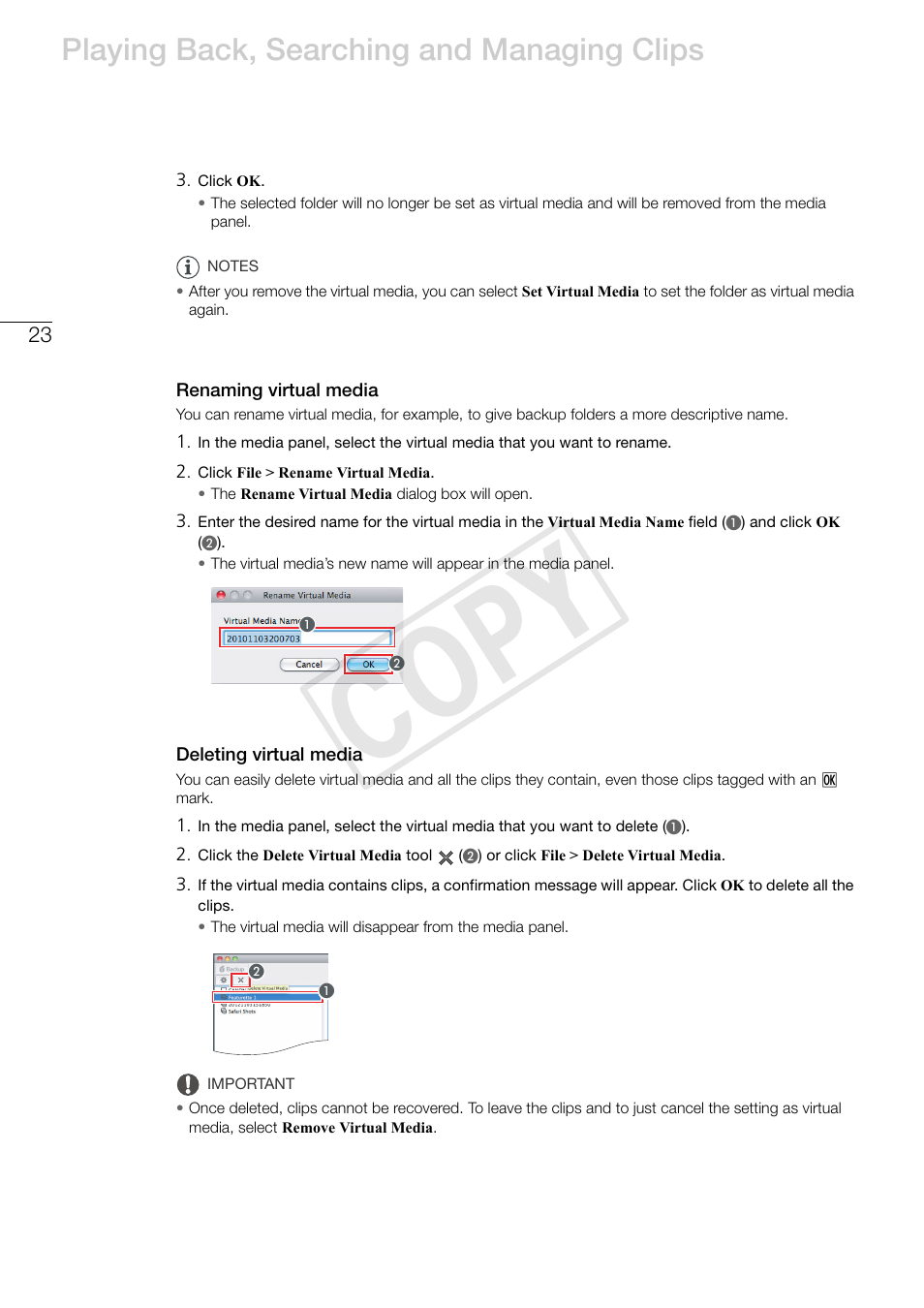 Renaming virtual media, Deleting virtual media, Cop y | Playing back, searching and managing clips | Canon EOS C500 PL User Manual | Page 23 / 37