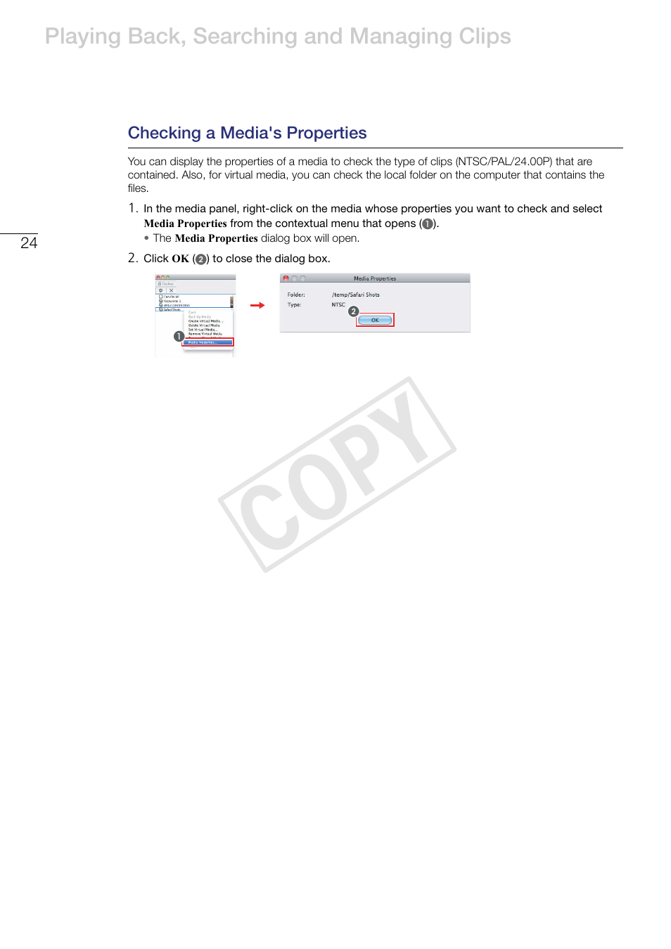 Checking a media's properties, Cop y | Canon EOS C500 PL User Manual | Page 24 / 37