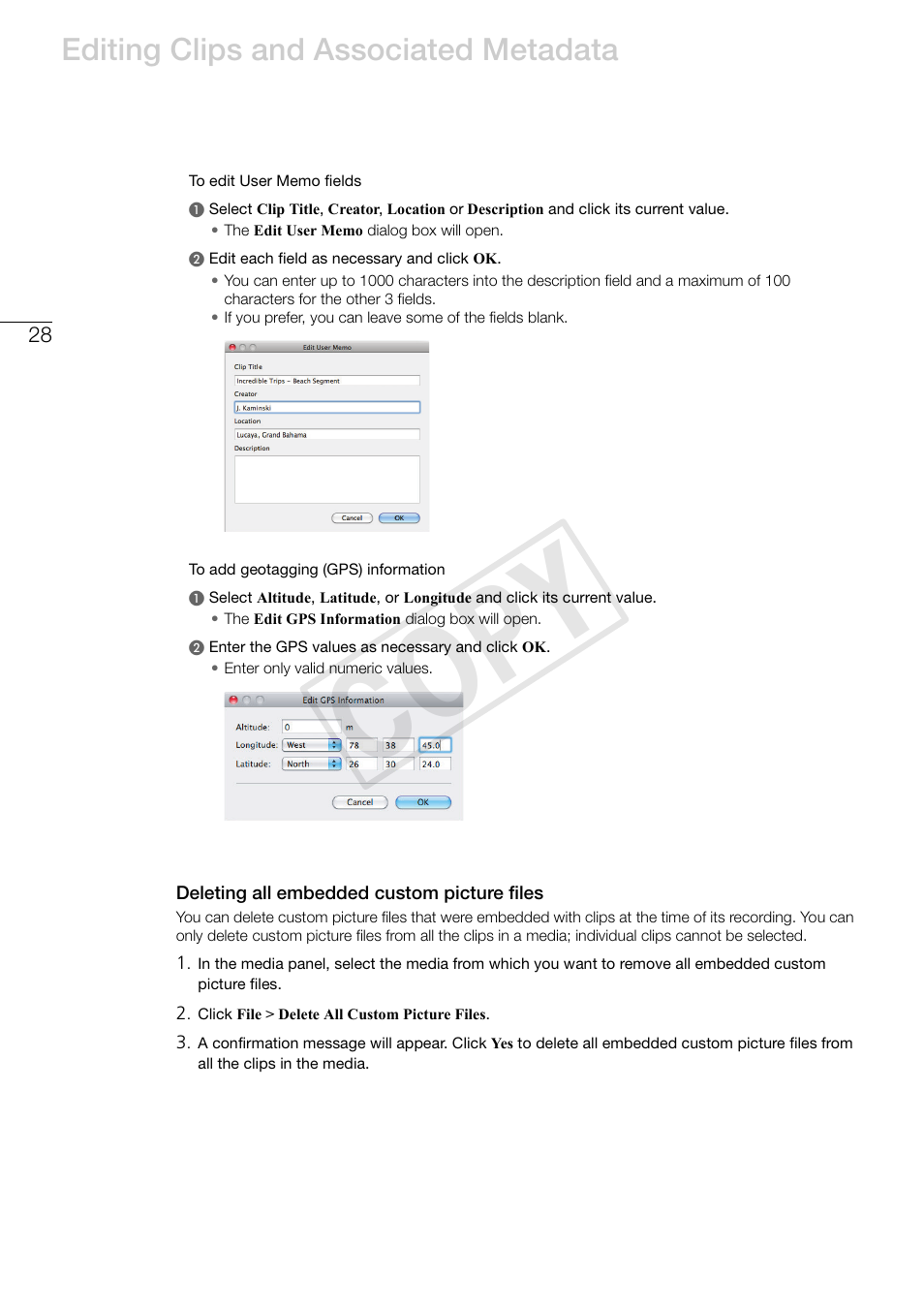 Deleting all embedded custom picture files, Cop y, Editing clips and associated metadata | Canon EOS C500 PL User Manual | Page 28 / 37