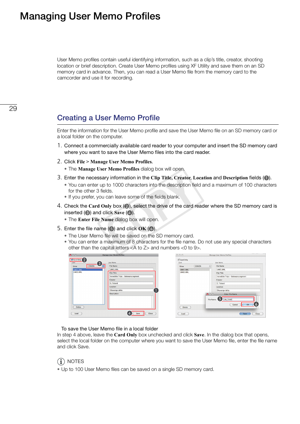 29 managing user memo profiles, Creating a user memo profile, Cop y | Canon EOS C500 PL User Manual | Page 29 / 37