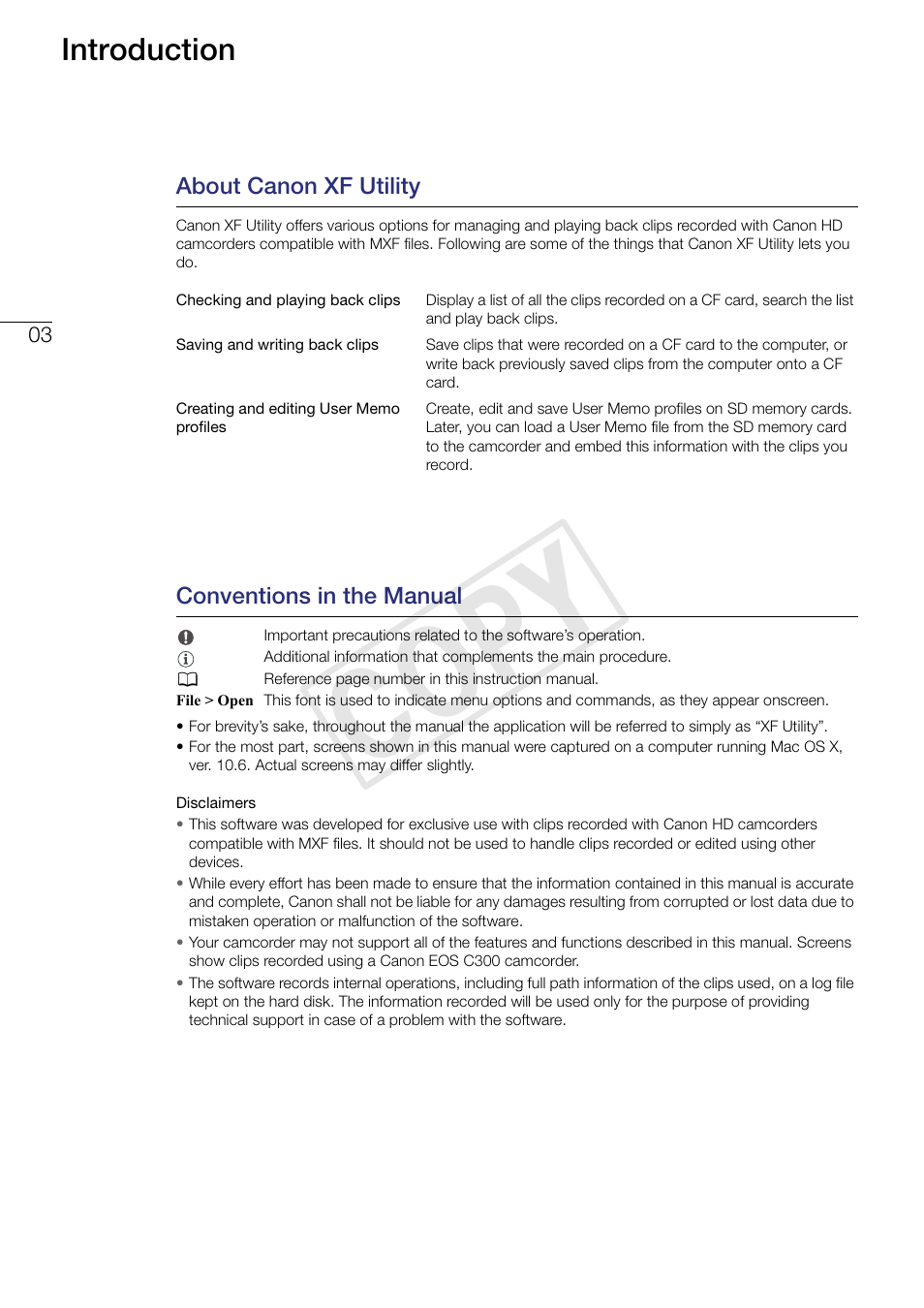 03 introduction, About canon xf utility, Conventions in the manual | Cop y, Introduction | Canon EOS C500 PL User Manual | Page 3 / 37