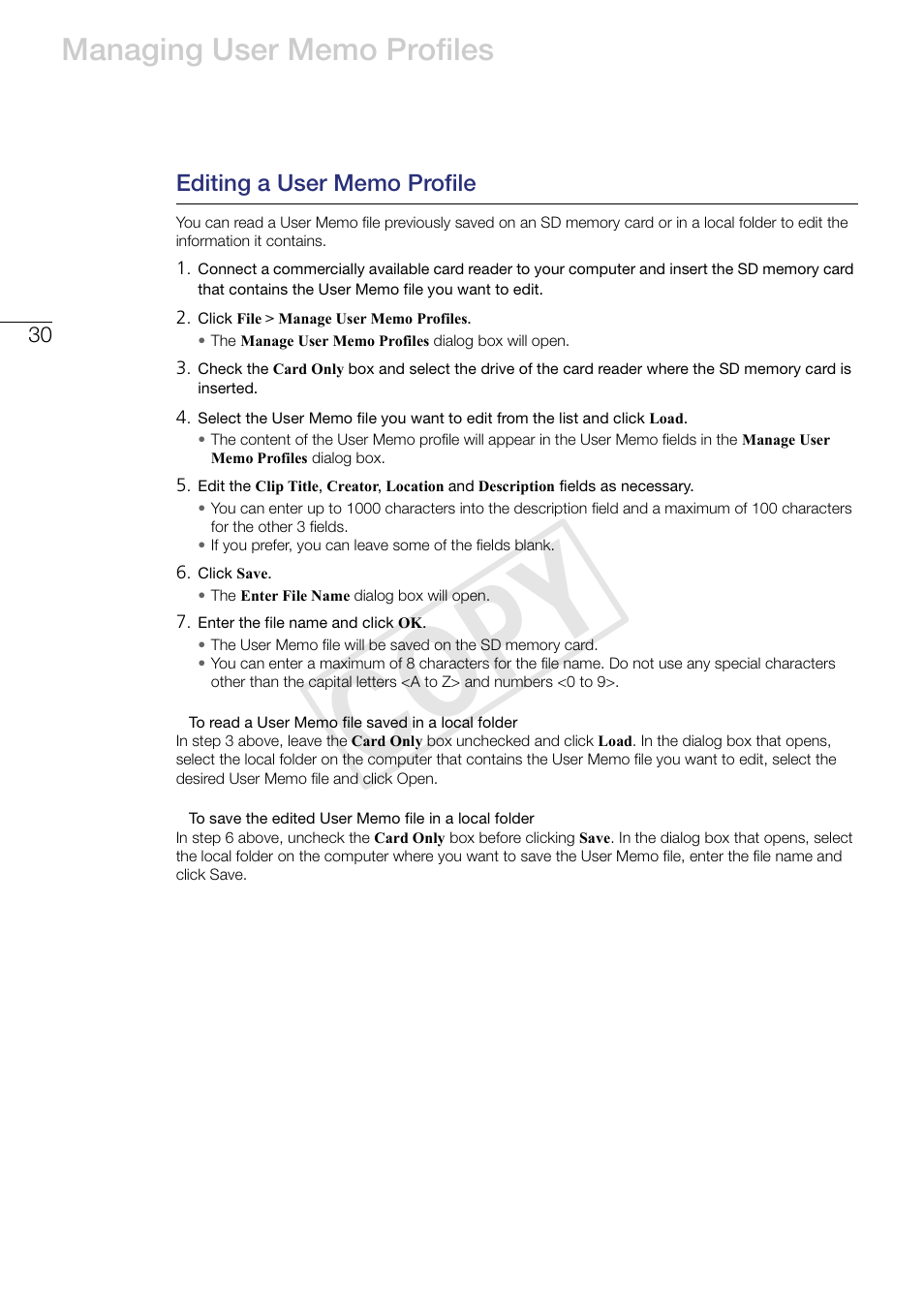 Editing a user memo profile, Cop y | Canon EOS C500 PL User Manual | Page 30 / 37