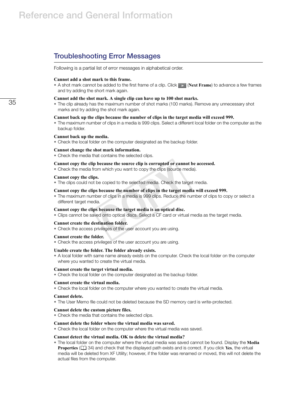 Troubleshooting error messages, Cop y, Reference and general information | Canon EOS C500 PL User Manual | Page 35 / 37