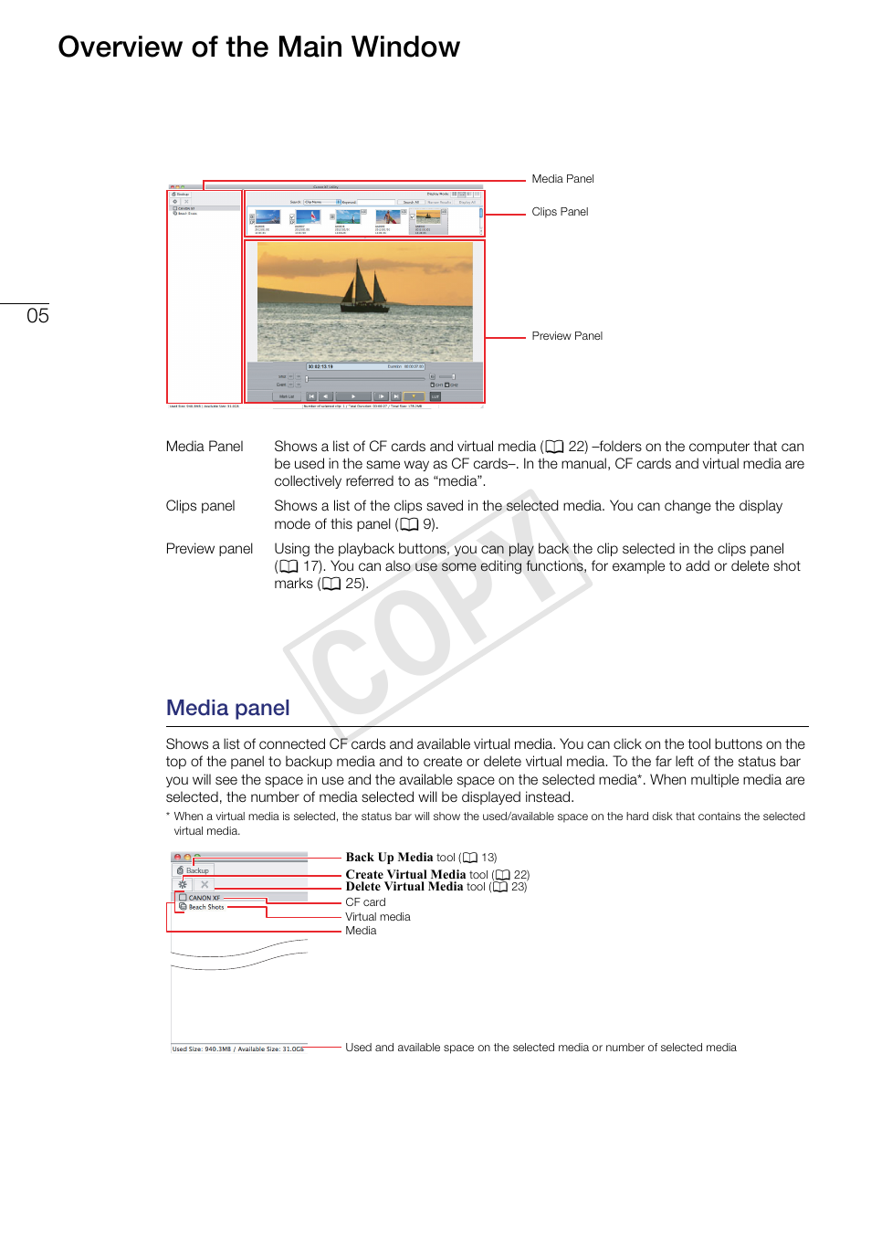 05 overview of the main window, Media panel, Cop y | Overview of the main window | Canon EOS C500 PL User Manual | Page 5 / 37