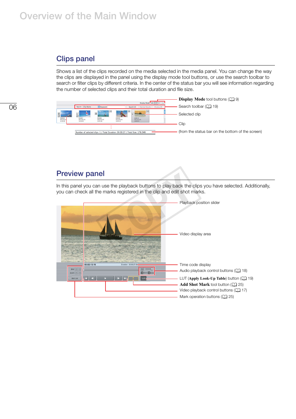 Clips panel, Preview panel, Cop y | Overview of the main window | Canon EOS C500 PL User Manual | Page 6 / 37