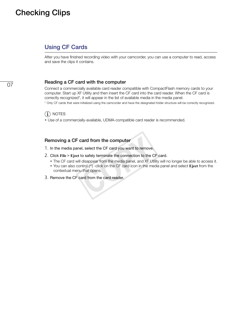 07 checking clips, Using cf cards, Reading a cf card with the computer | Removing a cf card from the computer, Cop y, Checking clips | Canon EOS C500 PL User Manual | Page 7 / 37