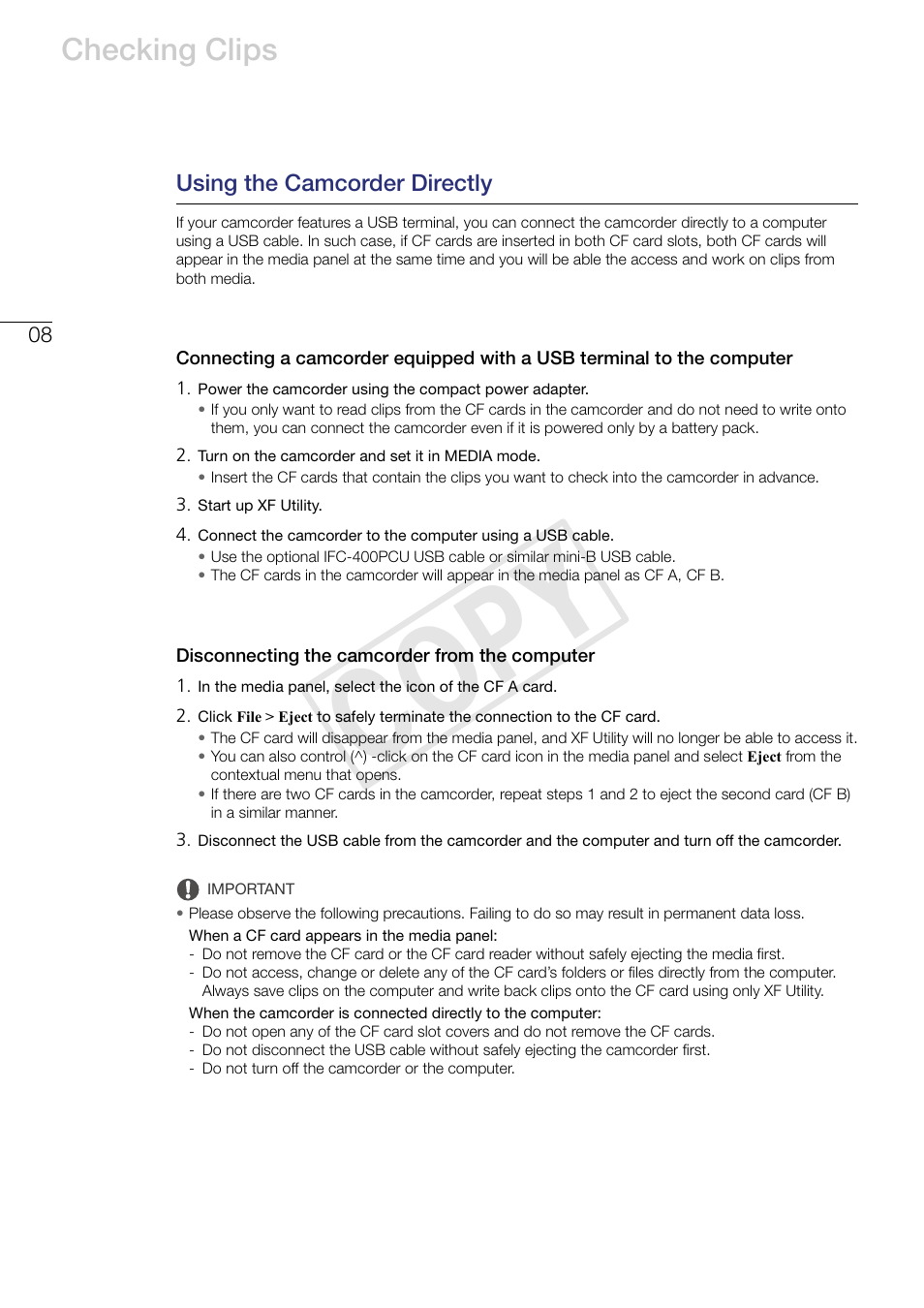 Using the camcorder directly, Disconnecting the camcorder from the computer, Cop y | Checking clips | Canon EOS C500 PL User Manual | Page 8 / 37