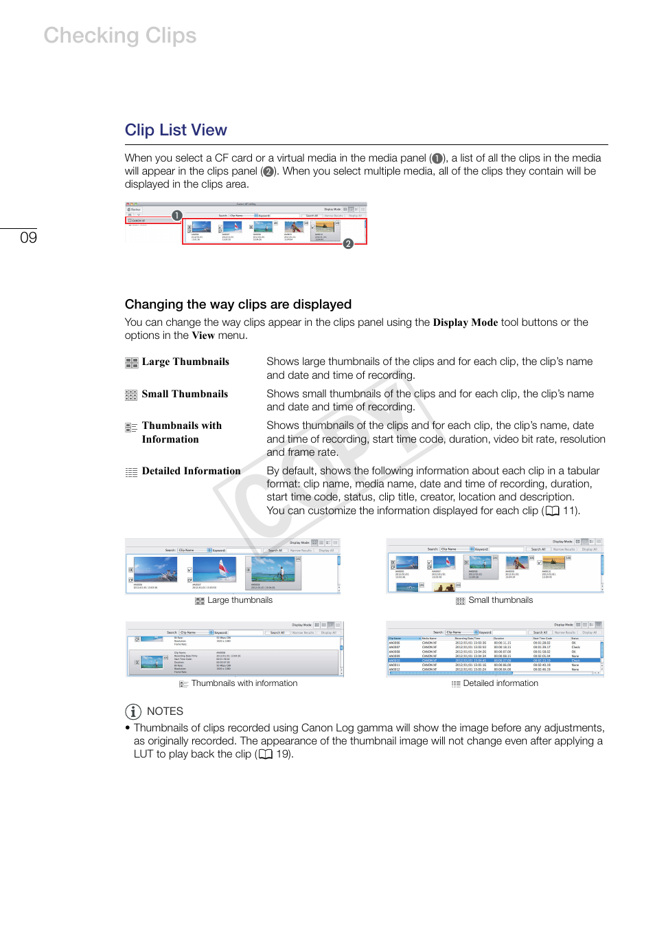 Clip list view, Changing the way clips are displayed, Cop y | Checking clips | Canon EOS C500 PL User Manual | Page 9 / 37