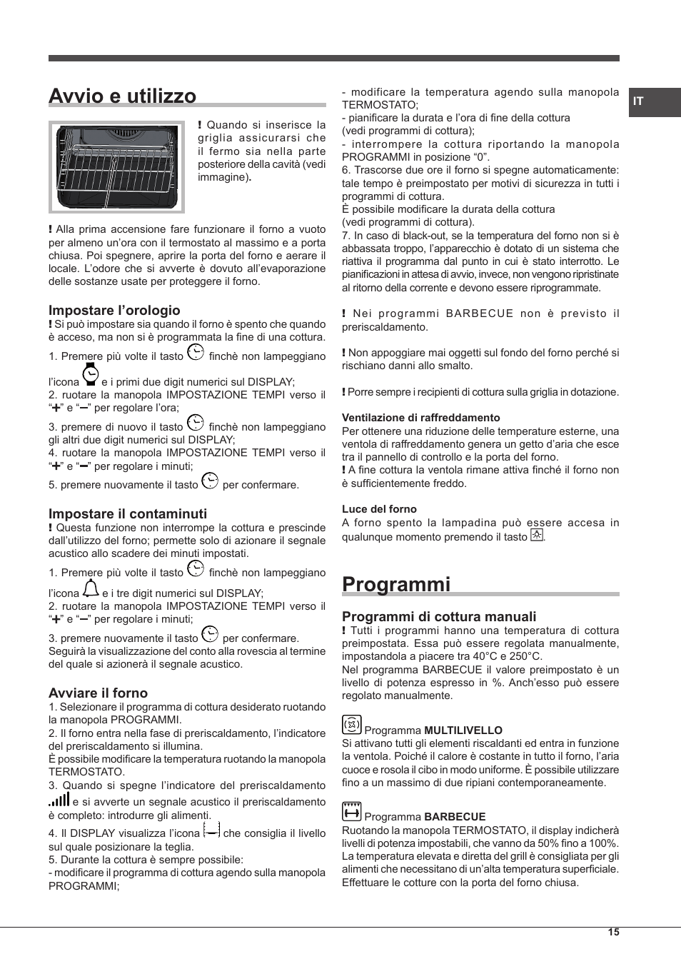 Avvio e utilizzo, Programmi, Impostare l’orologio | Impostare il contaminuti, Avviare il forno, Programmi di cottura manuali | Hotpoint Ariston MH 99.1 IX-HA S User Manual | Page 15 / 76