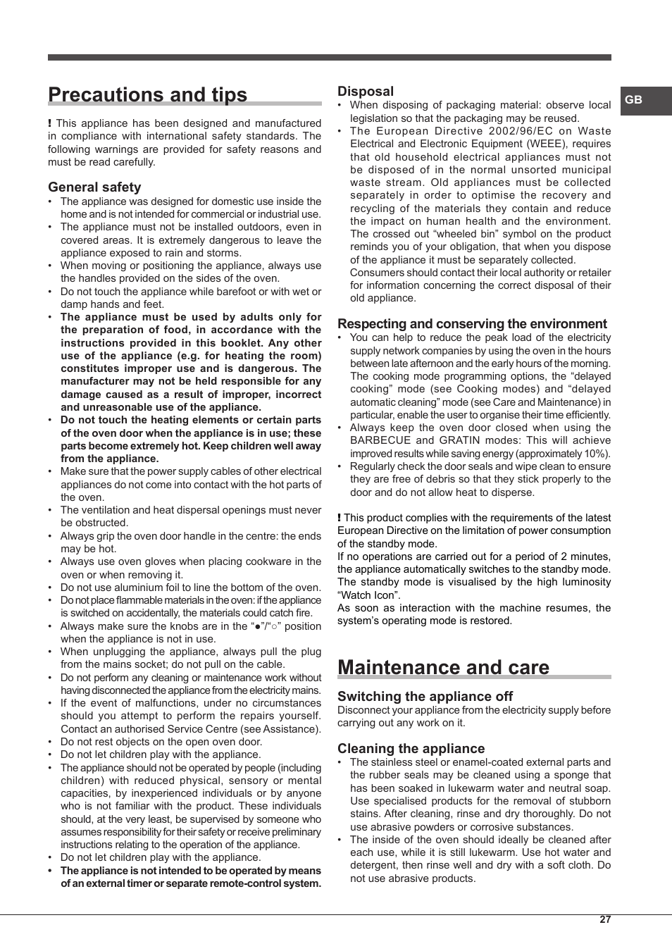 Precautions and tips, Maintenance and care, General safety | Disposal, Respecting and conserving the environment, Switching the appliance off, Cleaning the appliance | Hotpoint Ariston MH 99.1 IX-HA S User Manual | Page 27 / 76