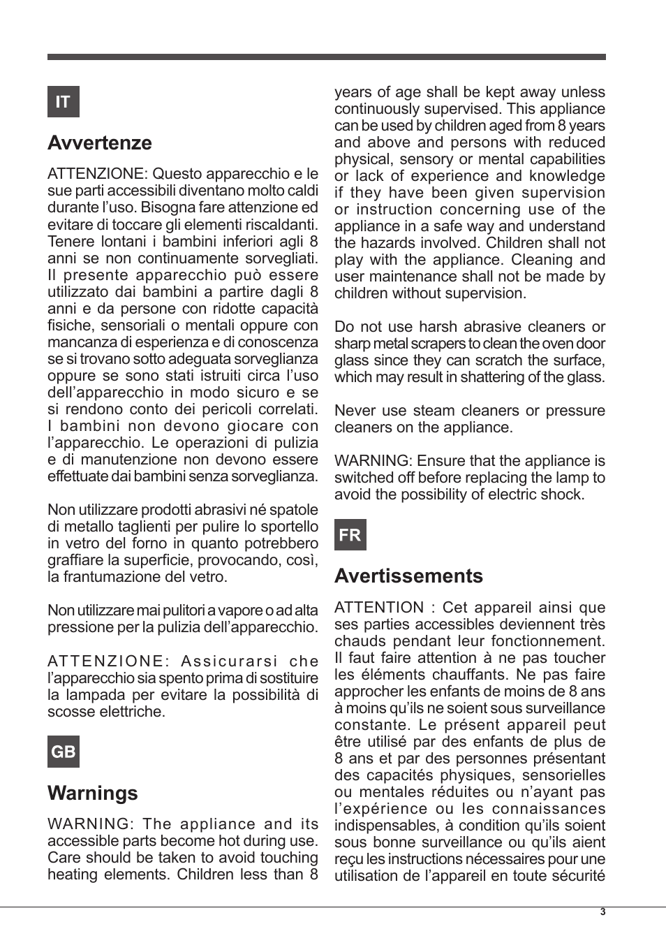 Avvertenze, Warnings, Avertissements | Hotpoint Ariston MH 99.1 IX-HA S User Manual | Page 3 / 76