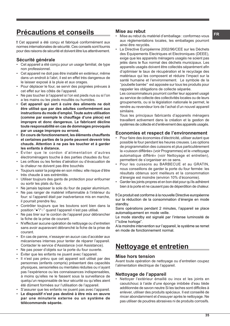 Précautions et conseils, Nettoyage et entretien, Sécurité générale | Mise au rebut, Economies et respect de l’environnement, Mise hors tension, Nettoyage de l’appareil | Hotpoint Ariston MH 99.1 IX-HA S User Manual | Page 35 / 76