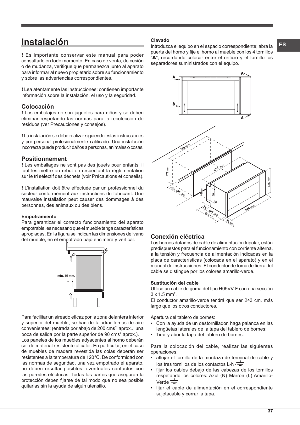Instalación, Colocación, Positionnement | Conexión eléctrica | Hotpoint Ariston MH 99.1 IX-HA S User Manual | Page 37 / 76