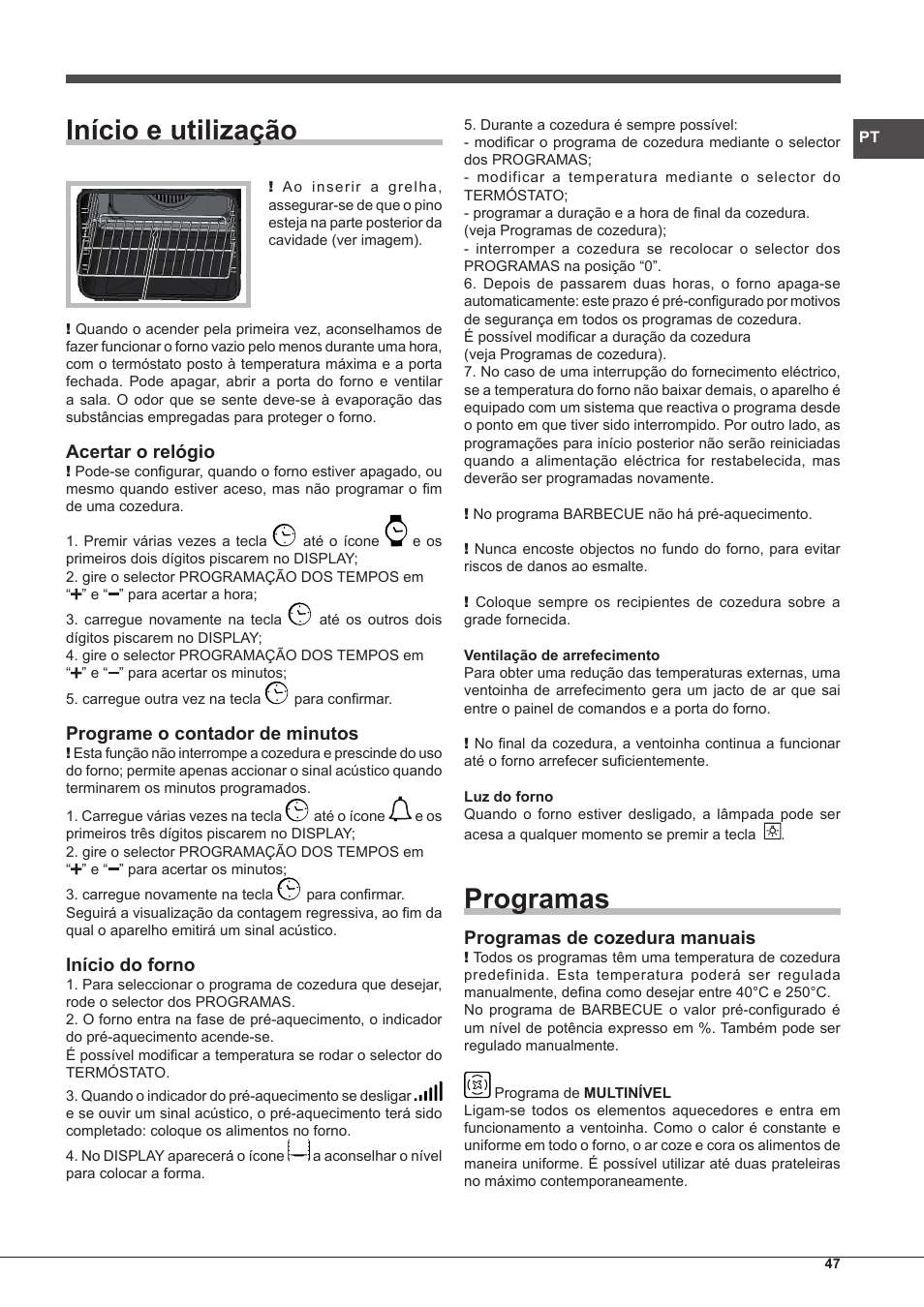 Início e utilização, Programas, Acertar o relógio | Programe o contador de minutos, Início do forno, Programas de cozedura manuais | Hotpoint Ariston MH 99.1 IX-HA S User Manual | Page 47 / 76