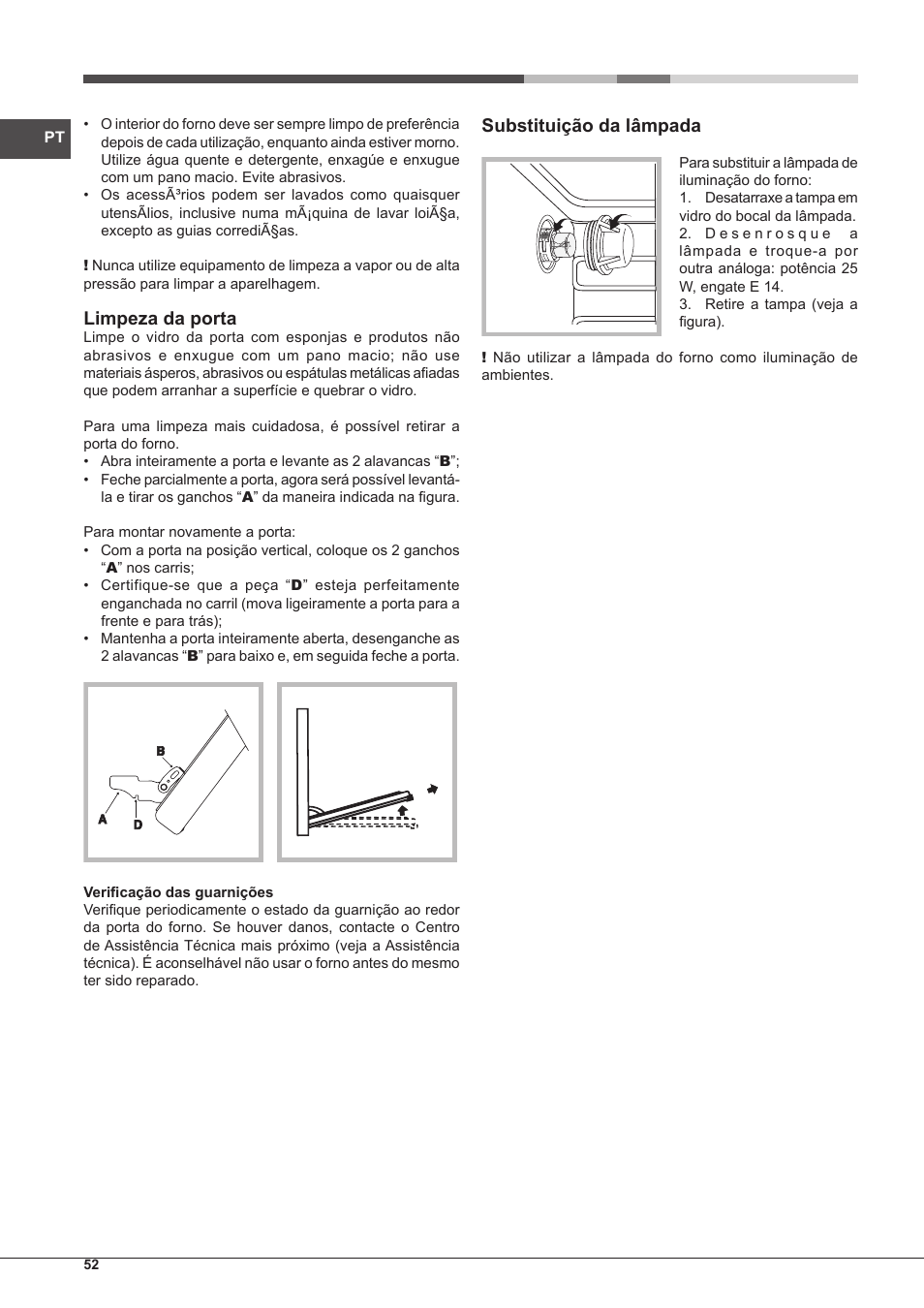 Limpeza da porta, Substituição da lâmpada | Hotpoint Ariston MH 99.1 IX-HA S User Manual | Page 52 / 76