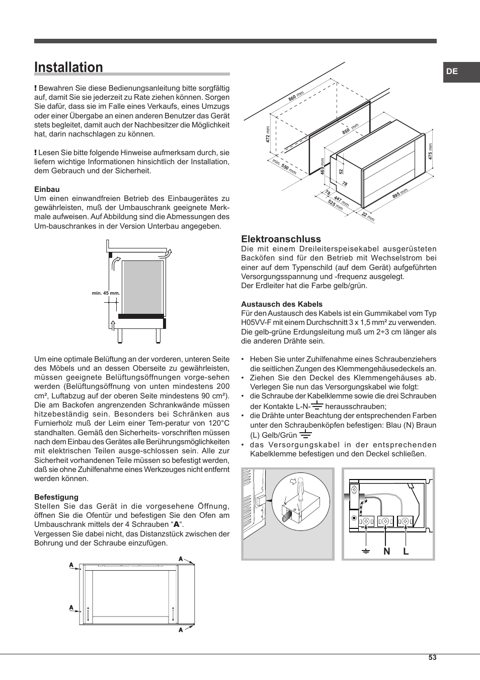 Installation, Elektroanschluss | Hotpoint Ariston MH 99.1 IX-HA S User Manual | Page 53 / 76