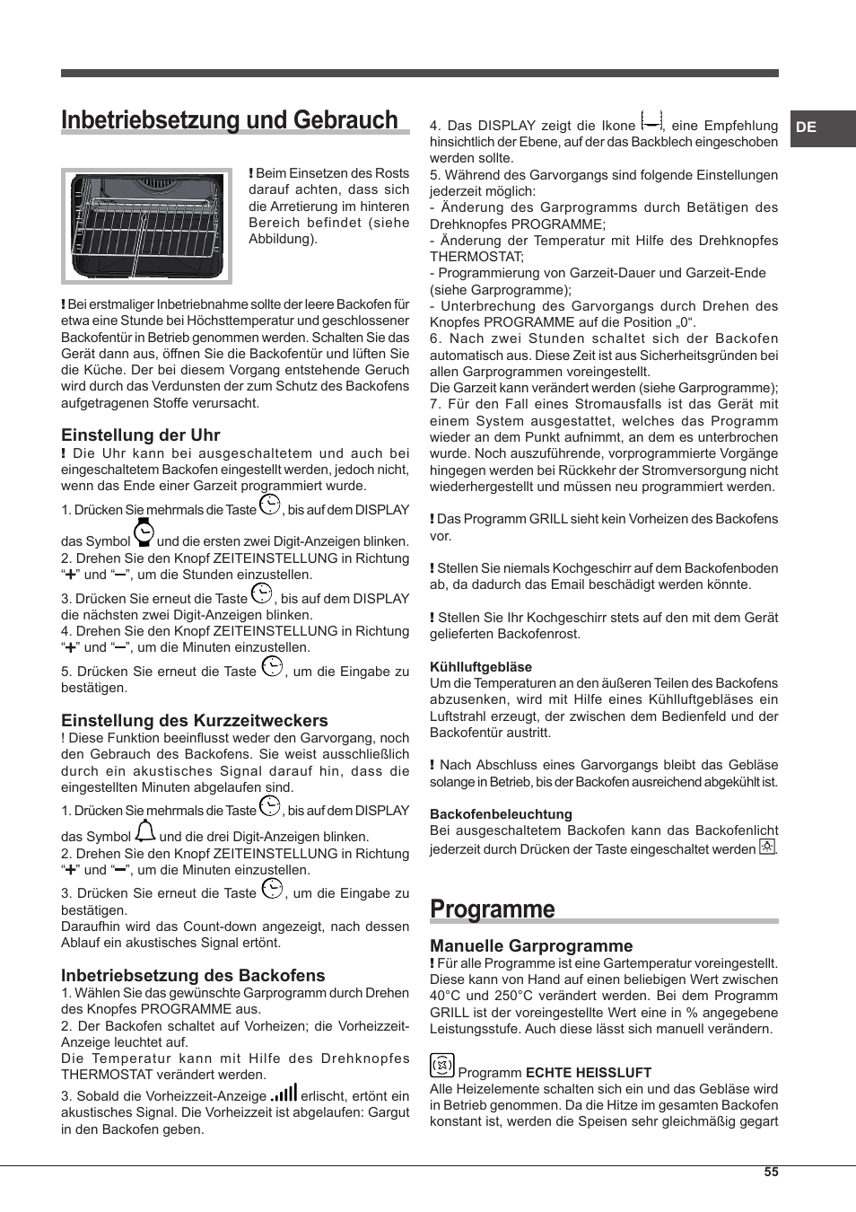 Inbetriebsetzung und gebrauch, Programme, Einstellung der uhr | Einstellung des kurzzeitweckers, Inbetriebsetzung des backofens, Manuelle garprogramme | Hotpoint Ariston MH 99.1 IX-HA S User Manual | Page 55 / 76
