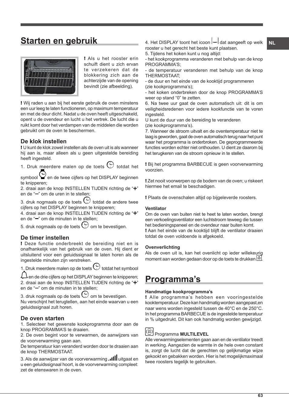 Starten en gebruik, Programma’s, De klok instellen | De timer instellen, De oven starten | Hotpoint Ariston MH 99.1 IX-HA S User Manual | Page 63 / 76
