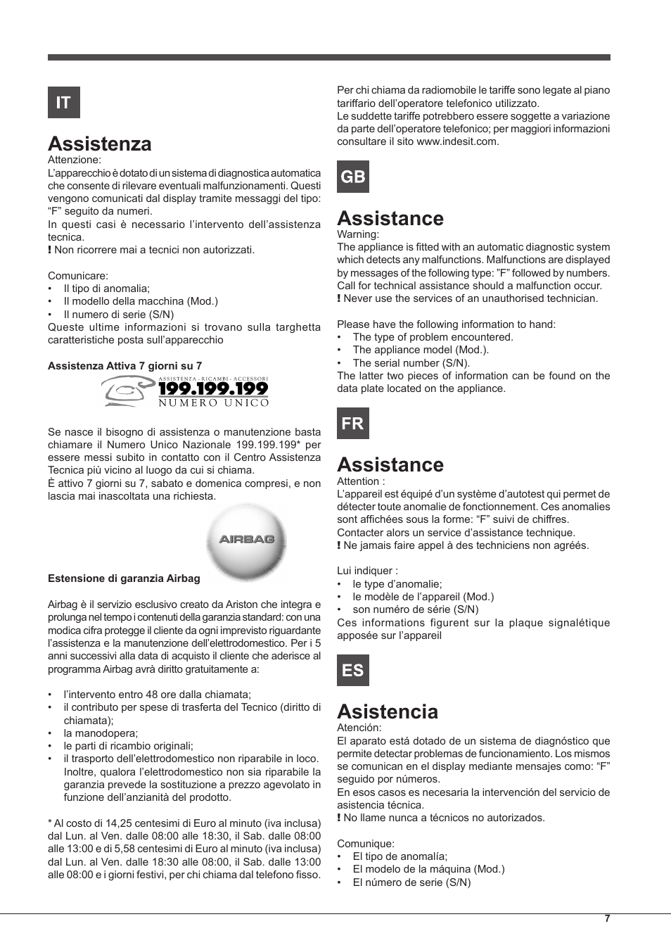 Assistenza, Assistance, Asistencia | Hotpoint Ariston MH 99.1 IX-HA S User Manual | Page 7 / 76