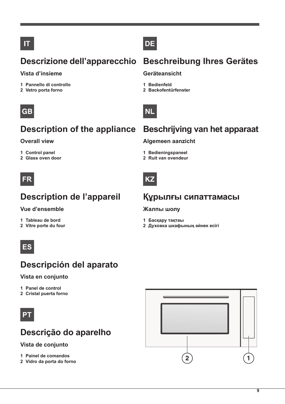 Descrizione dell’apparecchio, Description of the appliance, Description de l’appareil | Descripción del aparato, Descrição do aparelho, Beschreibung ihres gerätes, Beschrijving van het apparaat, Құрылғы сипаттамасы | Hotpoint Ariston MH 99.1 IX-HA S User Manual | Page 9 / 76