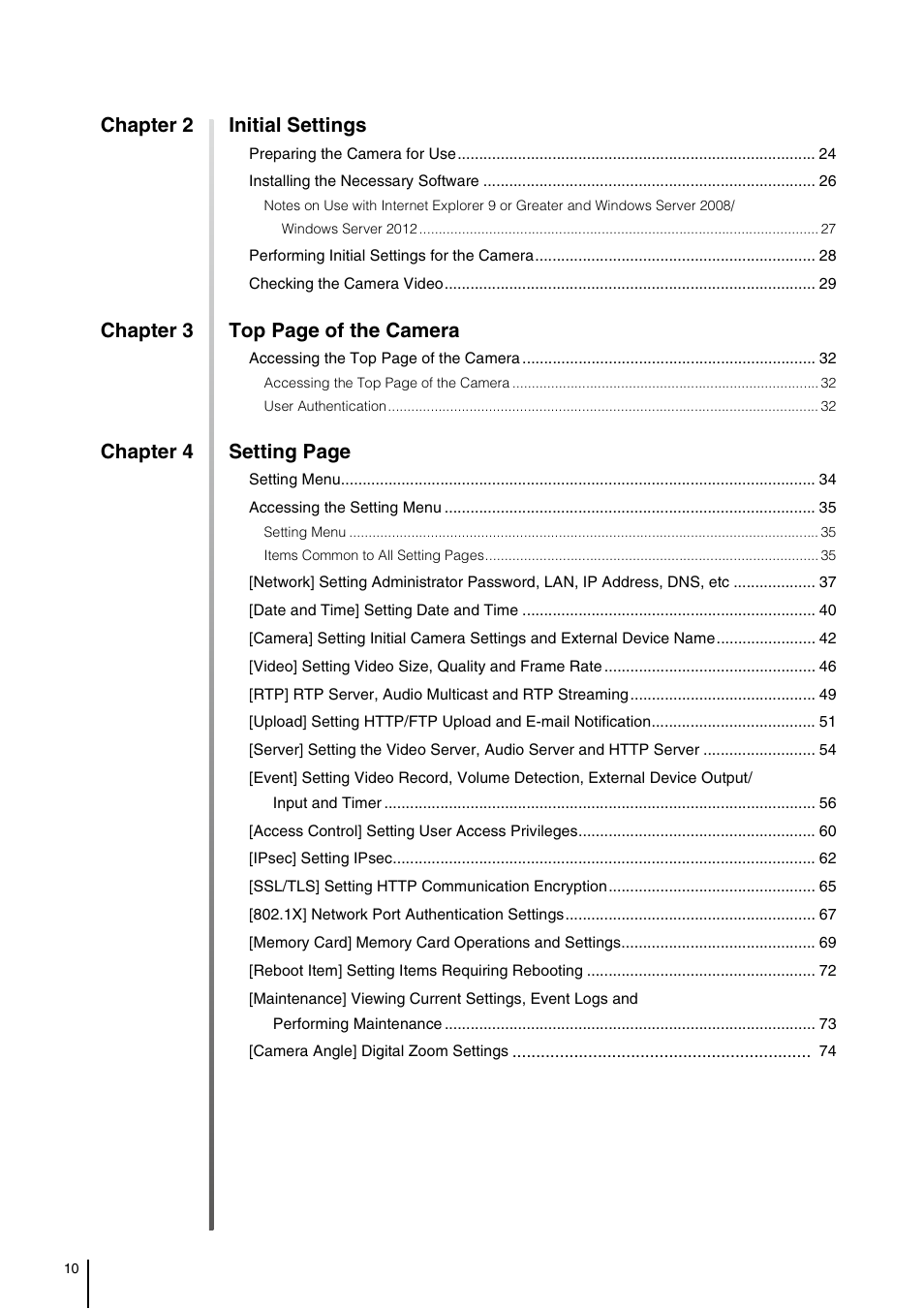 Chapter 2 initial settings, Chapter 3 top page of the camera, Chapter 4 setting page | Canon VB-S800D User Manual | Page 10 / 176